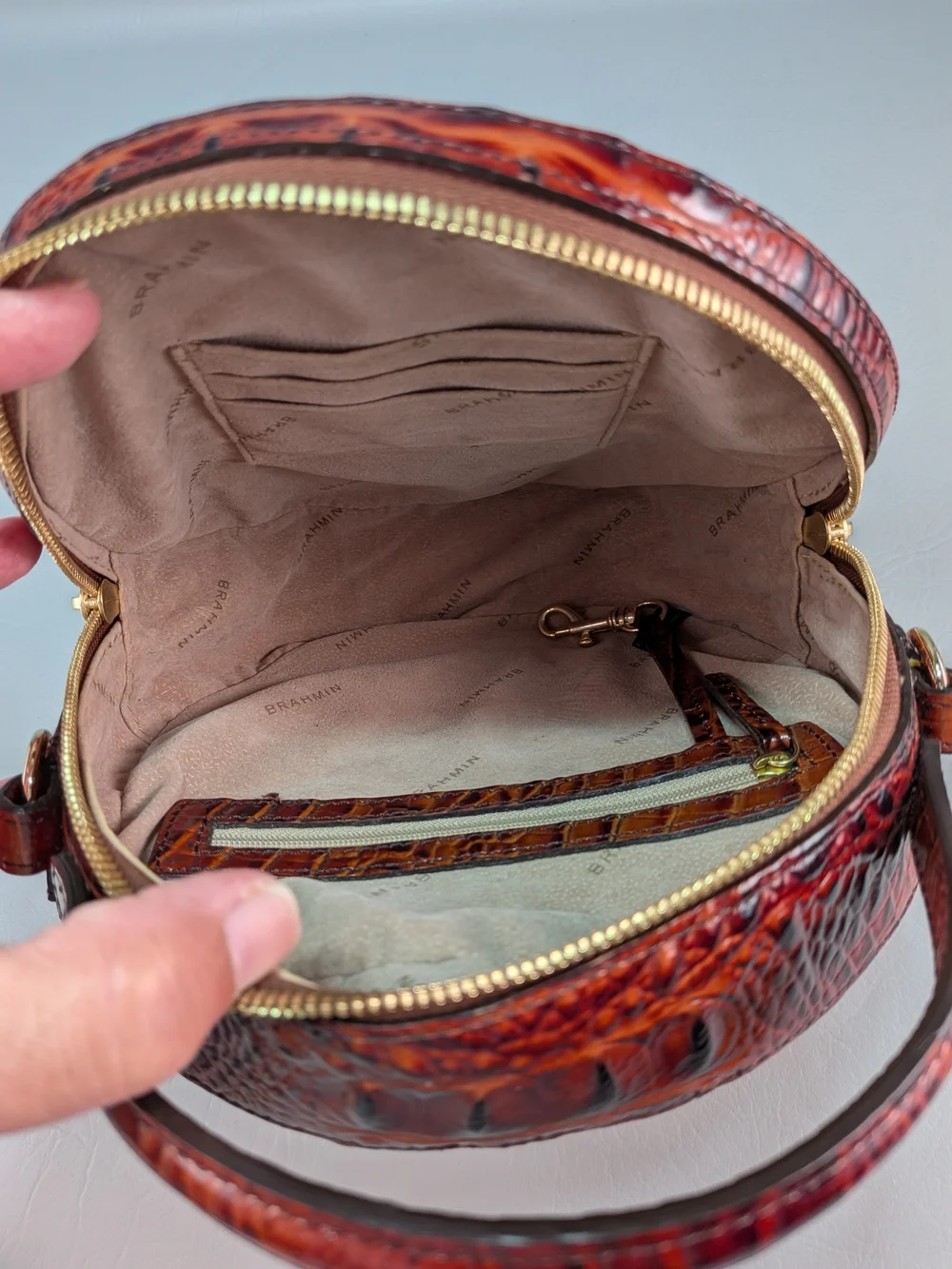 BRAHMIN Lane Circle Melbourne Pecan Crossbody Croc Embossed Leather Microfiber